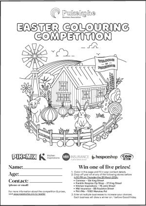 Easter Colouring Competition Entry Form with Pukekohe themed scene